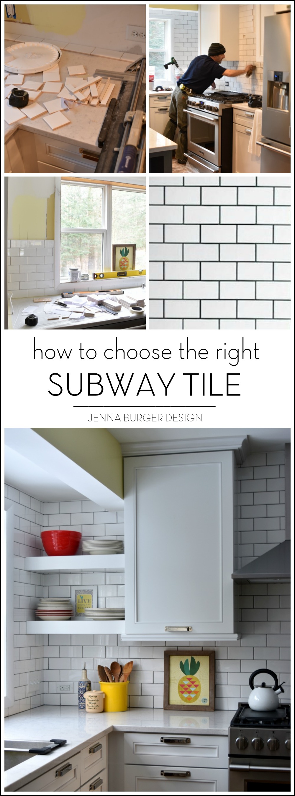 SUBWAY TILE: How do you choose the right subway tile for the project? There are MANY subway tile styles + colors. Here are useful tips that will help the process of choosing the right subway tile for the project. Plus check out the before and after of the tile installation of this kitchen remodel. www.JennaBurger.com 