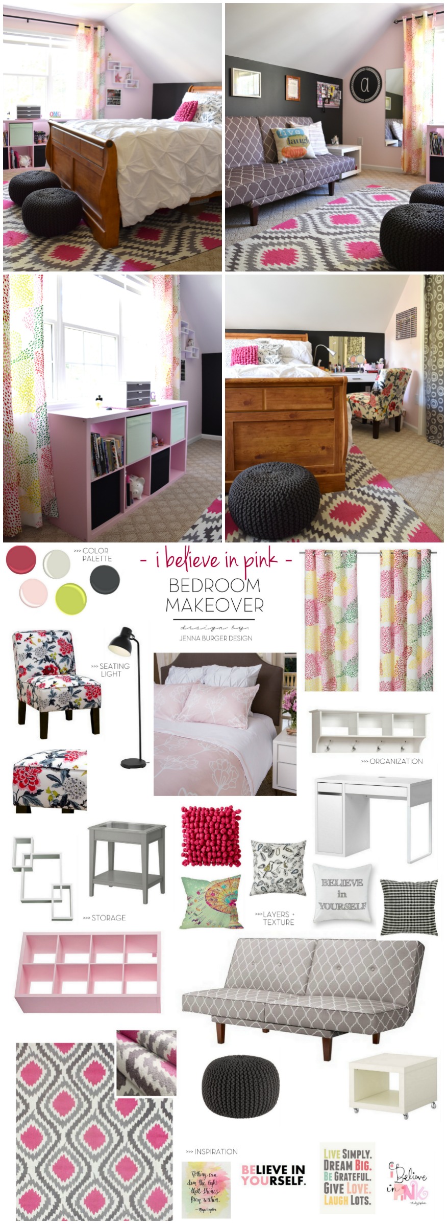 Teen Bedroom Makeover: Splashes of Pink mixed with charcoal + citrine revamped this bedroom into a teen hangout oasis. Be inspired by all the storage + new look this room got! Design by www.JennaBurger.com