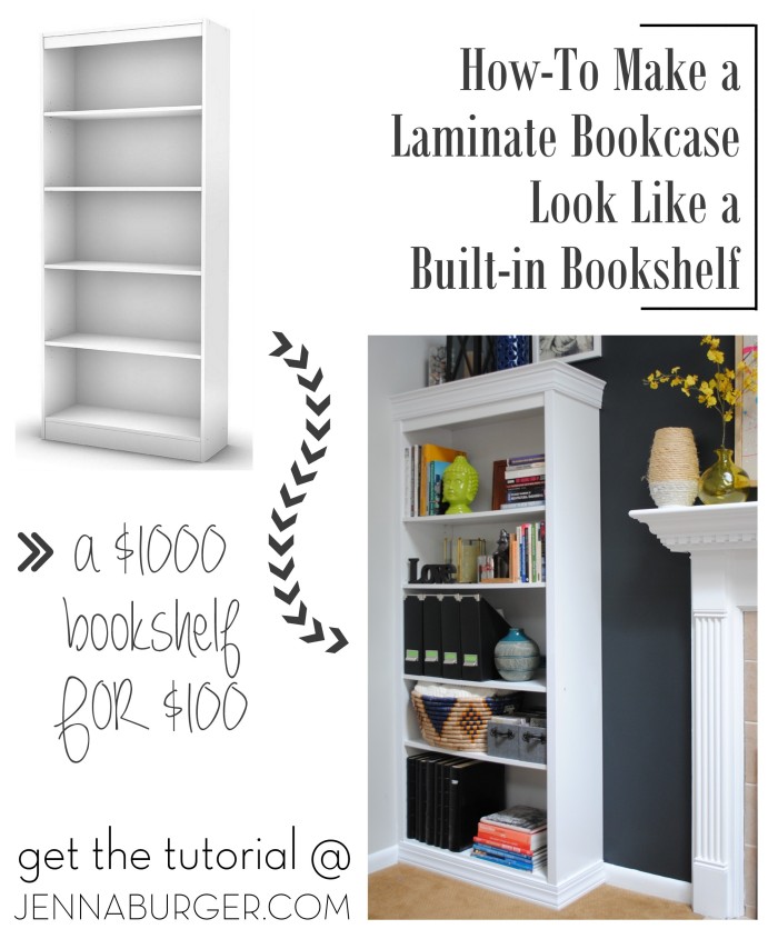 A $1000 bookshelf for $100. How-To DIY a bookcase to look built-in. Tutorial by www.JennaBurger.com