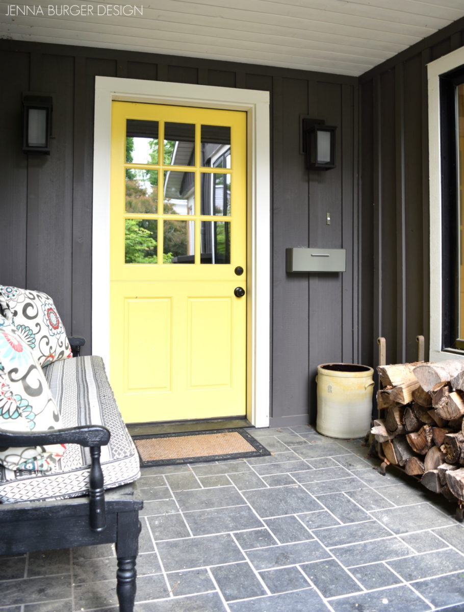 Exterior Renovation with new paint color, yellow dutch door, and screened porch.  Remodel designed by Jenna Burger Design, www.JennaBurger.com