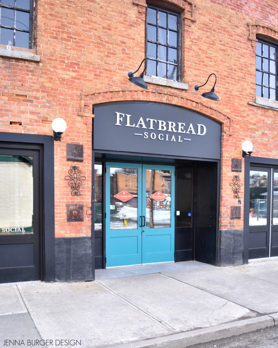 Flatbread Social is located in Saratoga Springs, New York. This gourmet flatbread pizza restaurant has a laid-back California vibe with an 80s throwback filled with a colorful, engaging vibe.  Designed by Jenna Burger Design, www.JennaBurger.com